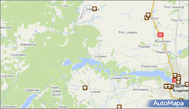 mapa Lutówko gmina Sępólno Krajeńskie, Lutówko gmina Sępólno Krajeńskie na mapie Targeo