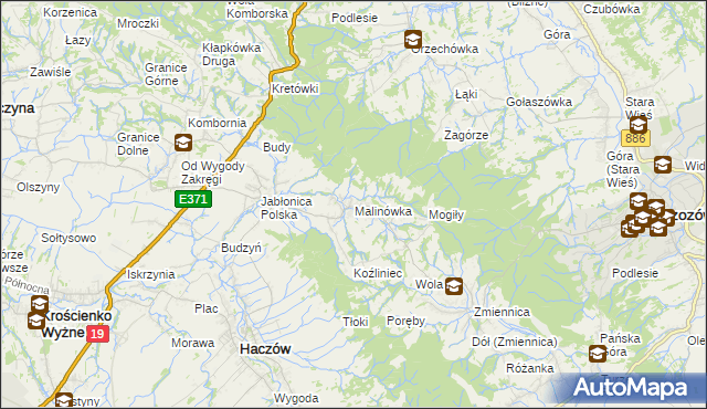 mapa Malinówka gmina Haczów, Malinówka gmina Haczów na mapie Targeo