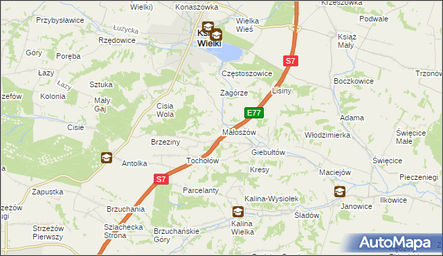 mapa Małoszów gmina Książ Wielki, Małoszów gmina Książ Wielki na mapie Targeo