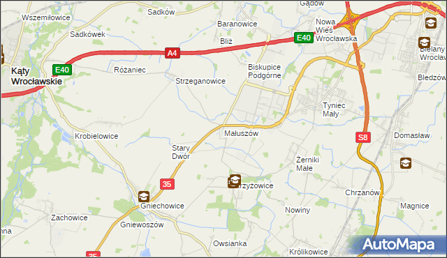 mapa Małuszów gmina Kobierzyce, Małuszów gmina Kobierzyce na mapie Targeo