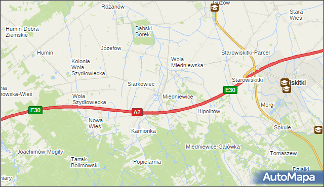 mapa Miedniewice gmina Wiskitki, Miedniewice gmina Wiskitki na mapie Targeo