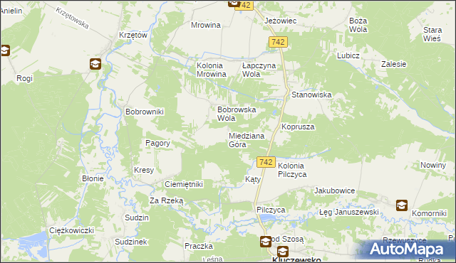 mapa Miedziana Góra gmina Kluczewsko, Miedziana Góra gmina Kluczewsko na mapie Targeo