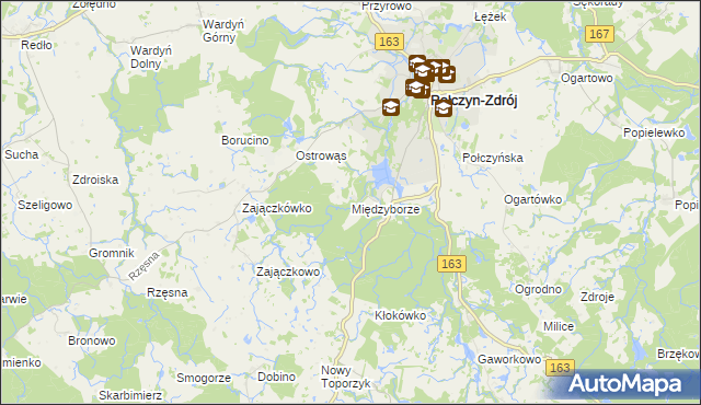 mapa Międzyborze gmina Połczyn-Zdrój, Międzyborze gmina Połczyn-Zdrój na mapie Targeo