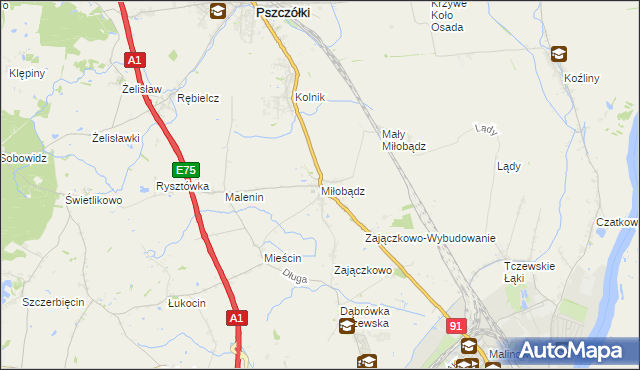 mapa Miłobądz gmina Tczew, Miłobądz gmina Tczew na mapie Targeo