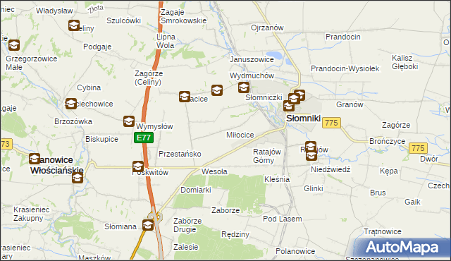 mapa Miłocice gmina Słomniki, Miłocice gmina Słomniki na mapie Targeo