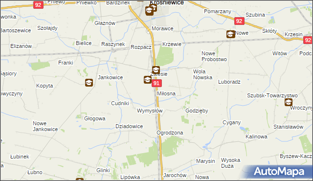 mapa Miłosna gmina Krośniewice, Miłosna gmina Krośniewice na mapie Targeo