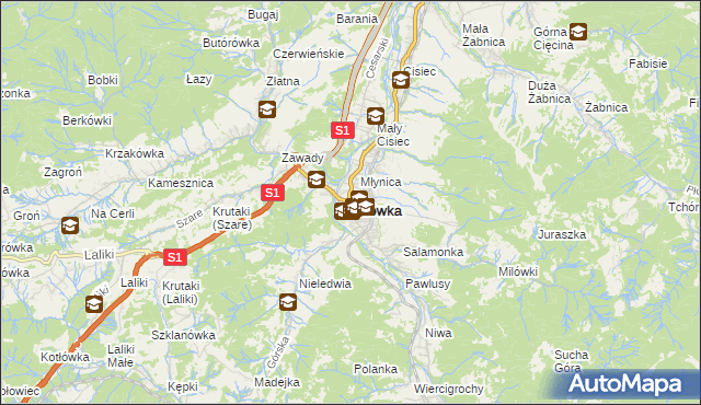 mapa Milówka powiat żywiecki, Milówka powiat żywiecki na mapie Targeo