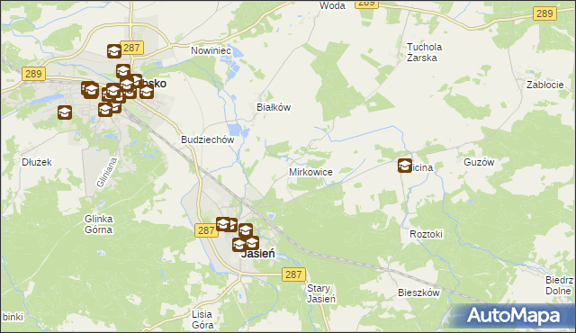 mapa Mirkowice gmina Jasień, Mirkowice gmina Jasień na mapie Targeo