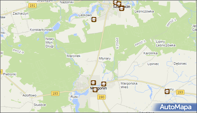 mapa Młynary gmina Margonin, Młynary gmina Margonin na mapie Targeo