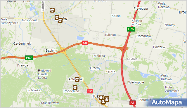 mapa Modlica gmina Tuszyn, Modlica gmina Tuszyn na mapie Targeo