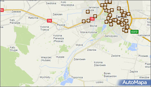 mapa Mokre gmina Zamość, Mokre gmina Zamość na mapie Targeo