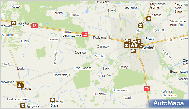 mapa Mostki gmina Zwoleń, Mostki gmina Zwoleń na mapie Targeo