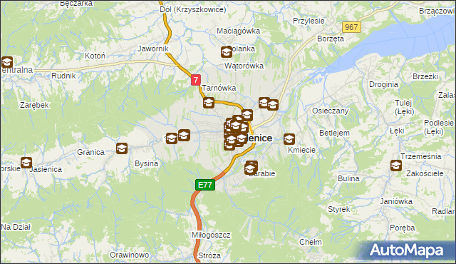 mapa Myślenice, Myślenice na mapie Targeo