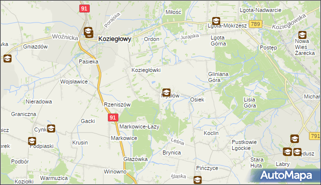 mapa Mysłów gmina Koziegłowy, Mysłów gmina Koziegłowy na mapie Targeo