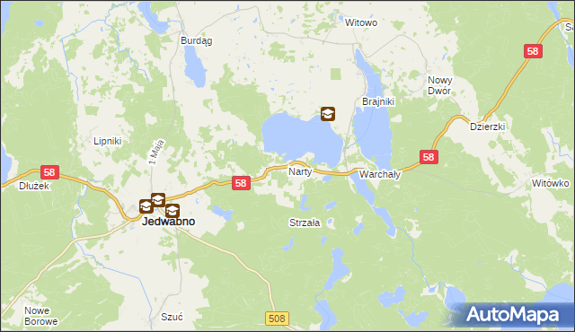 mapa Narty gmina Jedwabno, Narty gmina Jedwabno na mapie Targeo