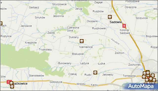 mapa Niemienice gmina Sadowie, Niemienice gmina Sadowie na mapie Targeo