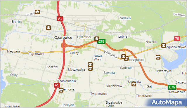 mapa Nowa Wieś gmina Mierzęcice, Nowa Wieś gmina Mierzęcice na mapie Targeo