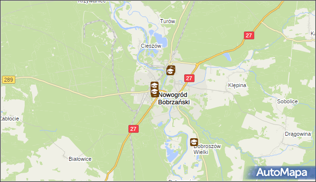 mapa Nowogród Bobrzański, Nowogród Bobrzański na mapie Targeo