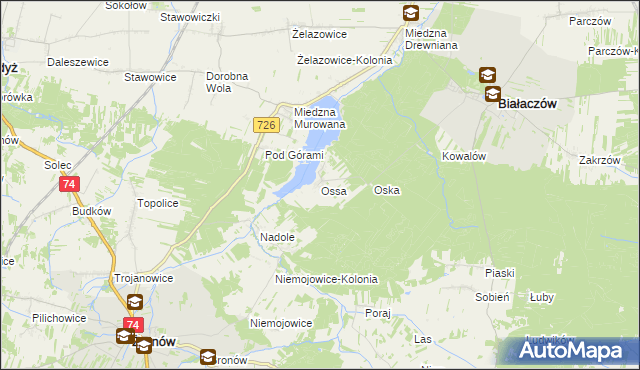 mapa Ossa gmina Białaczów, Ossa gmina Białaczów na mapie Targeo