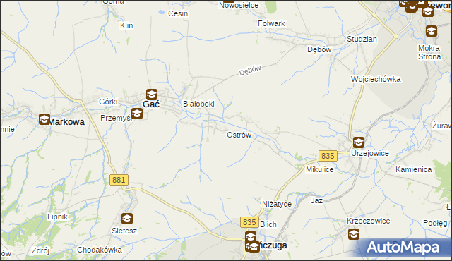 mapa Ostrów gmina Gać, Ostrów gmina Gać na mapie Targeo