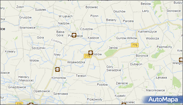 mapa Ostrów gmina Proszowice, Ostrów gmina Proszowice na mapie Targeo