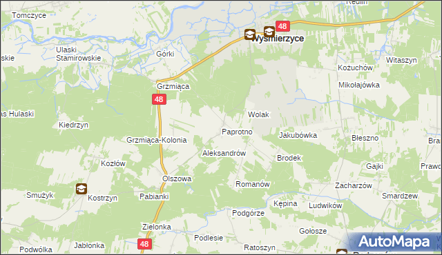 mapa Paprotno gmina Wyśmierzyce, Paprotno gmina Wyśmierzyce na mapie Targeo