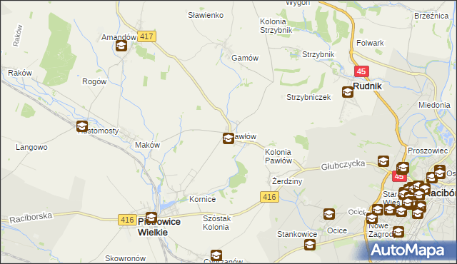 mapa Pawłów gmina Pietrowice Wielkie, Pawłów gmina Pietrowice Wielkie na mapie Targeo