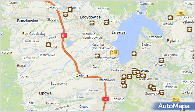 mapa Pietrzykowice gmina Łodygowice, Pietrzykowice gmina Łodygowice na mapie Targeo