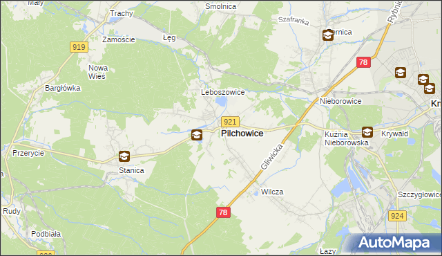 mapa Pilchowice powiat gliwicki, Pilchowice powiat gliwicki na mapie Targeo