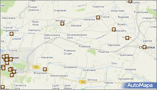 mapa Podlesice gmina Charsznica, Podlesice gmina Charsznica na mapie Targeo