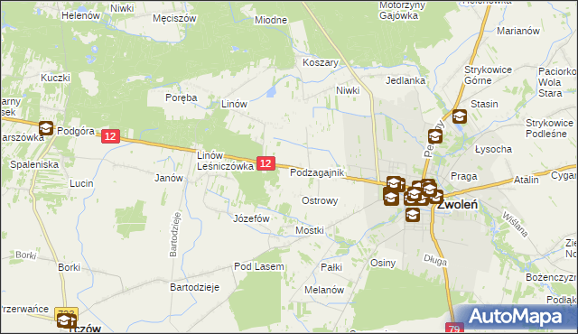 mapa Podzagajnik gmina Zwoleń, Podzagajnik gmina Zwoleń na mapie Targeo