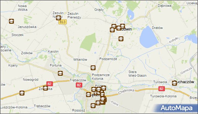 mapa Podzamcze gmina Łęczna, Podzamcze gmina Łęczna na mapie Targeo