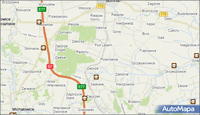 mapa Polanowice gmina Słomniki, Polanowice gmina Słomniki na mapie Targeo