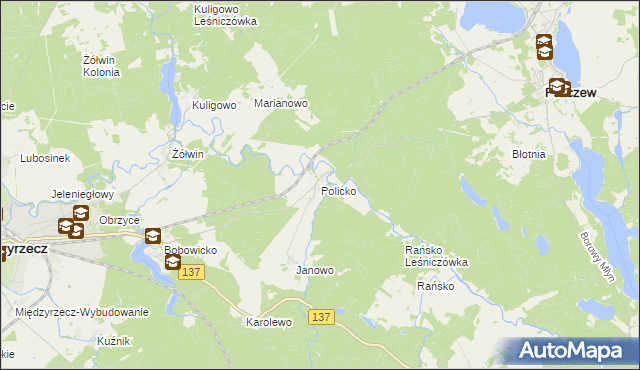 mapa Policko gmina Pszczew, Policko gmina Pszczew na mapie Targeo