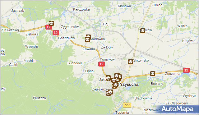 mapa Pomyków gmina Przysucha, Pomyków gmina Przysucha na mapie Targeo