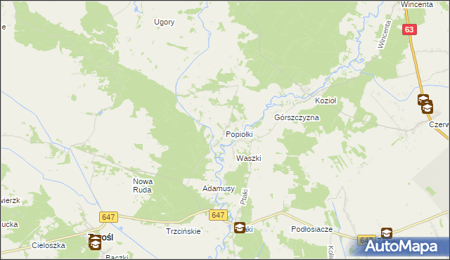 mapa Popiołki gmina Turośl, Popiołki gmina Turośl na mapie Targeo