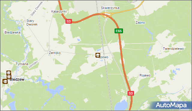 mapa Popowo gmina Bledzew, Popowo gmina Bledzew na mapie Targeo