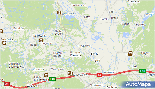 mapa Przyborów gmina Borzęcin, Przyborów gmina Borzęcin na mapie Targeo