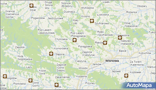 mapa Pstrągówka gmina Wiśniowa, Pstrągówka gmina Wiśniowa na mapie Targeo