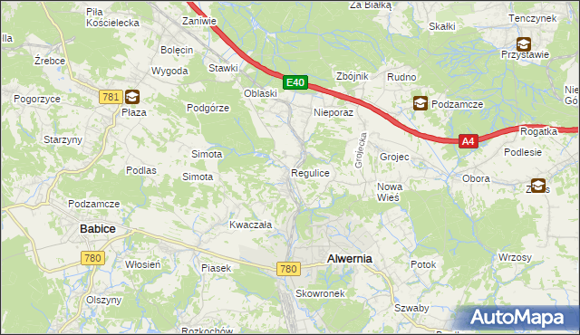 mapa Regulice gmina Alwernia, Regulice gmina Alwernia na mapie Targeo