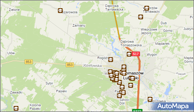 mapa Rogóźno gmina Tomaszów Lubelski, Rogóźno gmina Tomaszów Lubelski na mapie Targeo