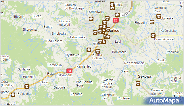 mapa Ropica Polska, Ropica Polska na mapie Targeo