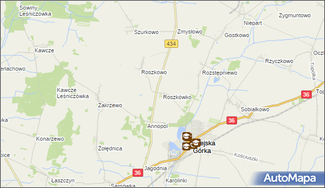 mapa Roszkówko gmina Miejska Górka, Roszkówko gmina Miejska Górka na mapie Targeo