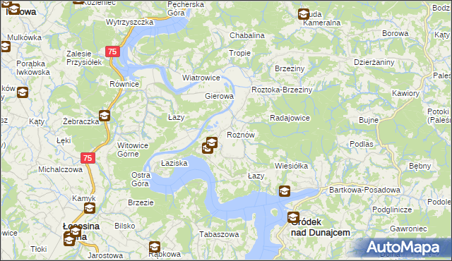 mapa Rożnów gmina Gródek nad Dunajcem, Rożnów gmina Gródek nad Dunajcem na mapie Targeo