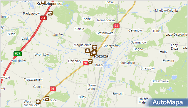 mapa Rozprza powiat piotrkowski, Rozprza powiat piotrkowski na mapie Targeo