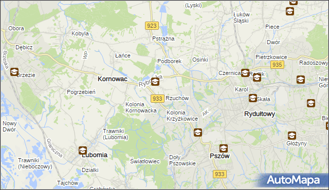 mapa Rzuchów gmina Kornowac, Rzuchów gmina Kornowac na mapie Targeo