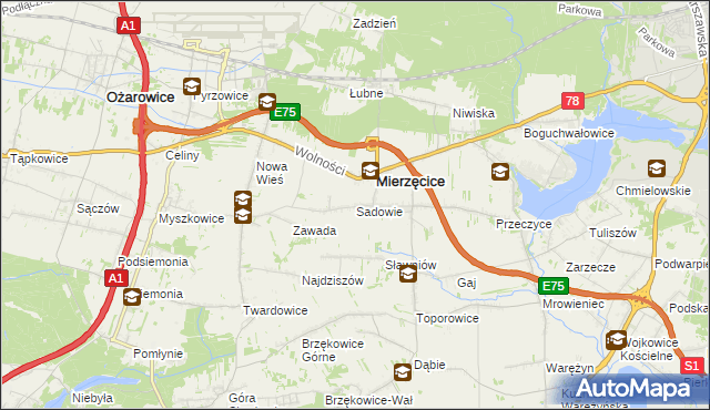 mapa Sadowie gmina Mierzęcice, Sadowie gmina Mierzęcice na mapie Targeo