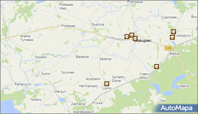 mapa Sędzice gmina Biskupiec, Sędzice gmina Biskupiec na mapie Targeo