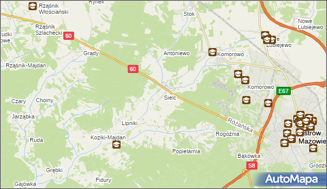 mapa Sielc gmina Ostrów Mazowiecka, Sielc gmina Ostrów Mazowiecka na mapie Targeo