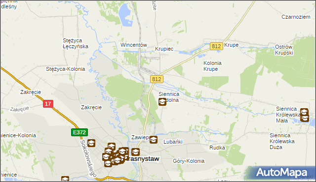 mapa Siennica Nadolna gmina Krasnystaw, Siennica Nadolna gmina Krasnystaw na mapie Targeo